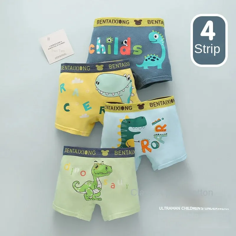 4pcs Boys Cotton Boxers Panties Cartoon Dinosaur Printed Kids Underwear Soft Children's Underpants Shorts Teenager Panties 1-14Y