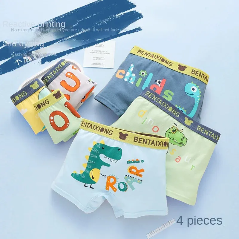 4pcs Boys Cotton Boxers Panties Cartoon Dinosaur Printed Kids Underwear Soft Children's Underpants Shorts Teenager Panties 1-14Y