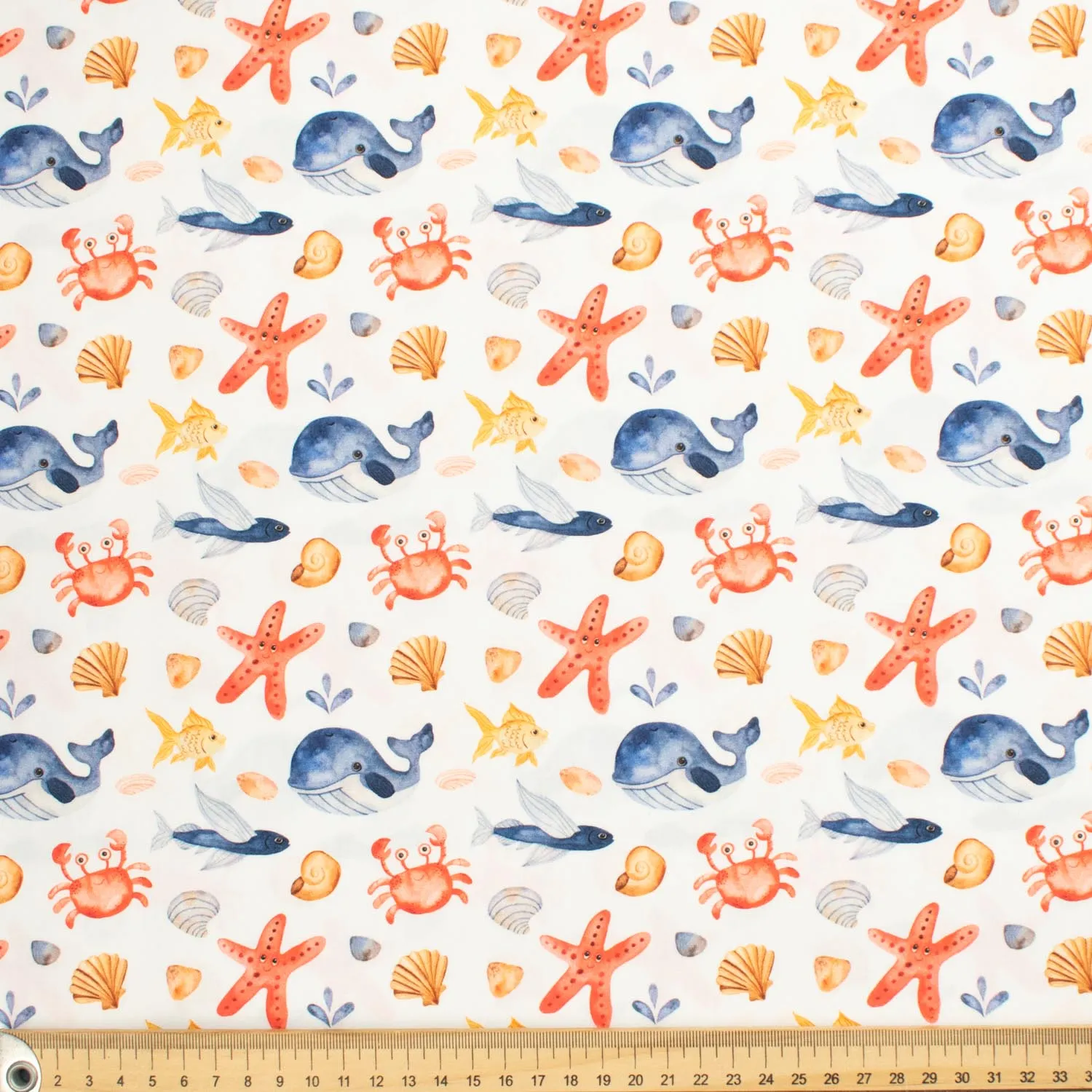 Blue Sea Collection #08 Red Starfish & Sea Life on White Cotton Prints