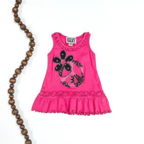 Children's | Hot Pink Ruffled Tank Top with Peace Sign and Flower