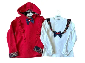 CLEARANCE SALE - Miranda - Girls Red Tartan Detail Hooded Sweatshirt and Matching Long Sleeved Top 12yrs