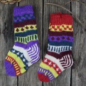 Fair Trade Ethical Children's Woollen Patterned Socks in Purple, Green and Yellow