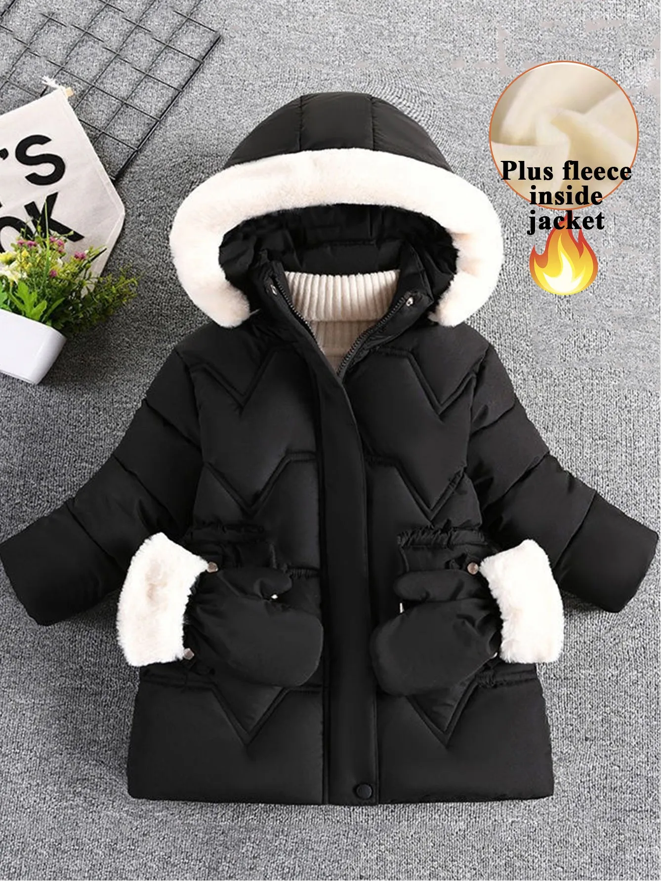 Girls' mid-length thick cotton coat with gloves (gloves can be removed)