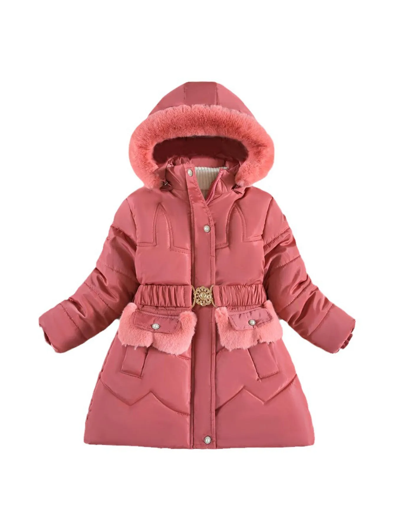 Girls teenagers' mid-length cotton coat with fleece and thickening