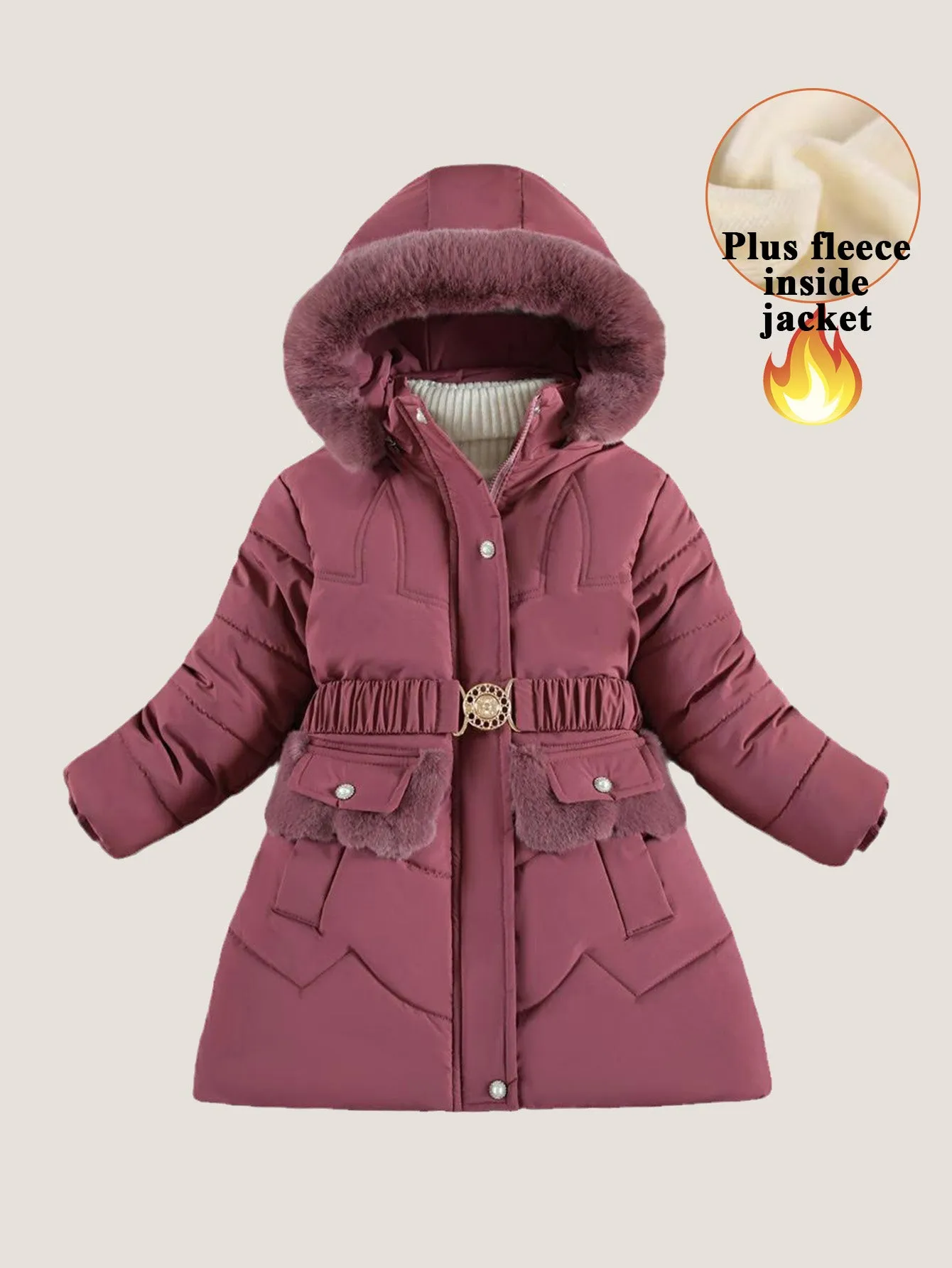 Girls teenagers' mid-length cotton coat with fleece and thickening