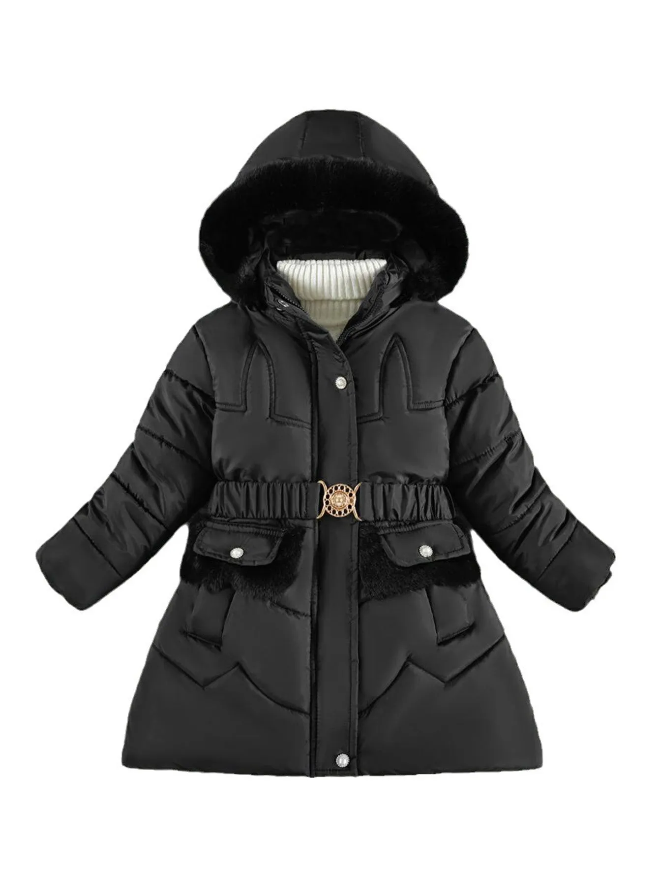 Girls teenagers' mid-length cotton coat with fleece and thickening