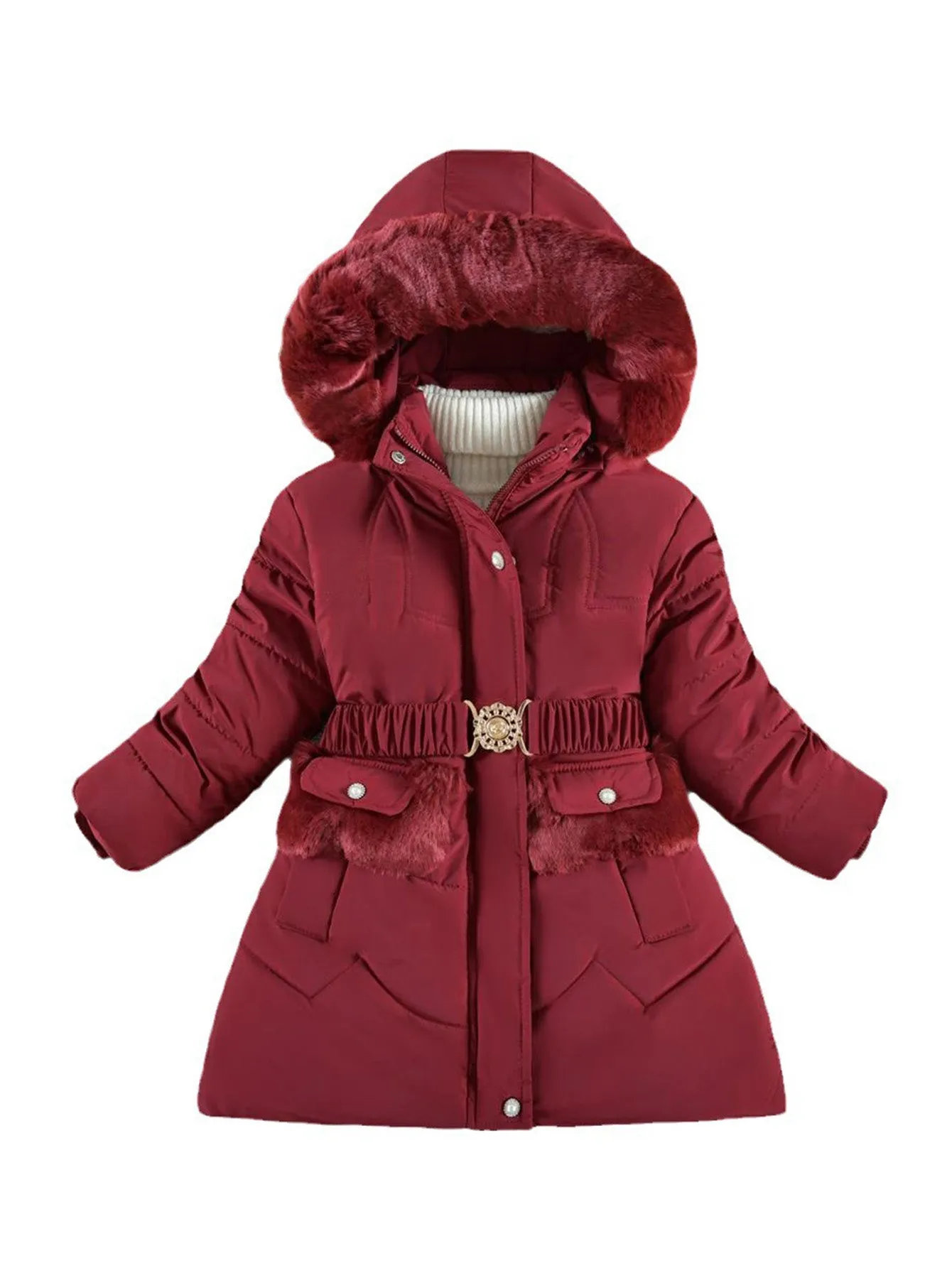 Girls teenagers' mid-length cotton coat with fleece and thickening