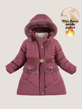 Girls teenagers' mid-length cotton coat with fleece and thickening