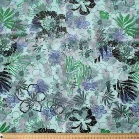 Old World Plants Collection #16 Black Flower & Green Leaves on Sky Blue Cotton Prints