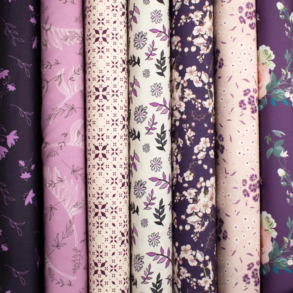 Old World Purple Collection #03 Small Blue & Cream Flower on Purple Grey Cotton Prints