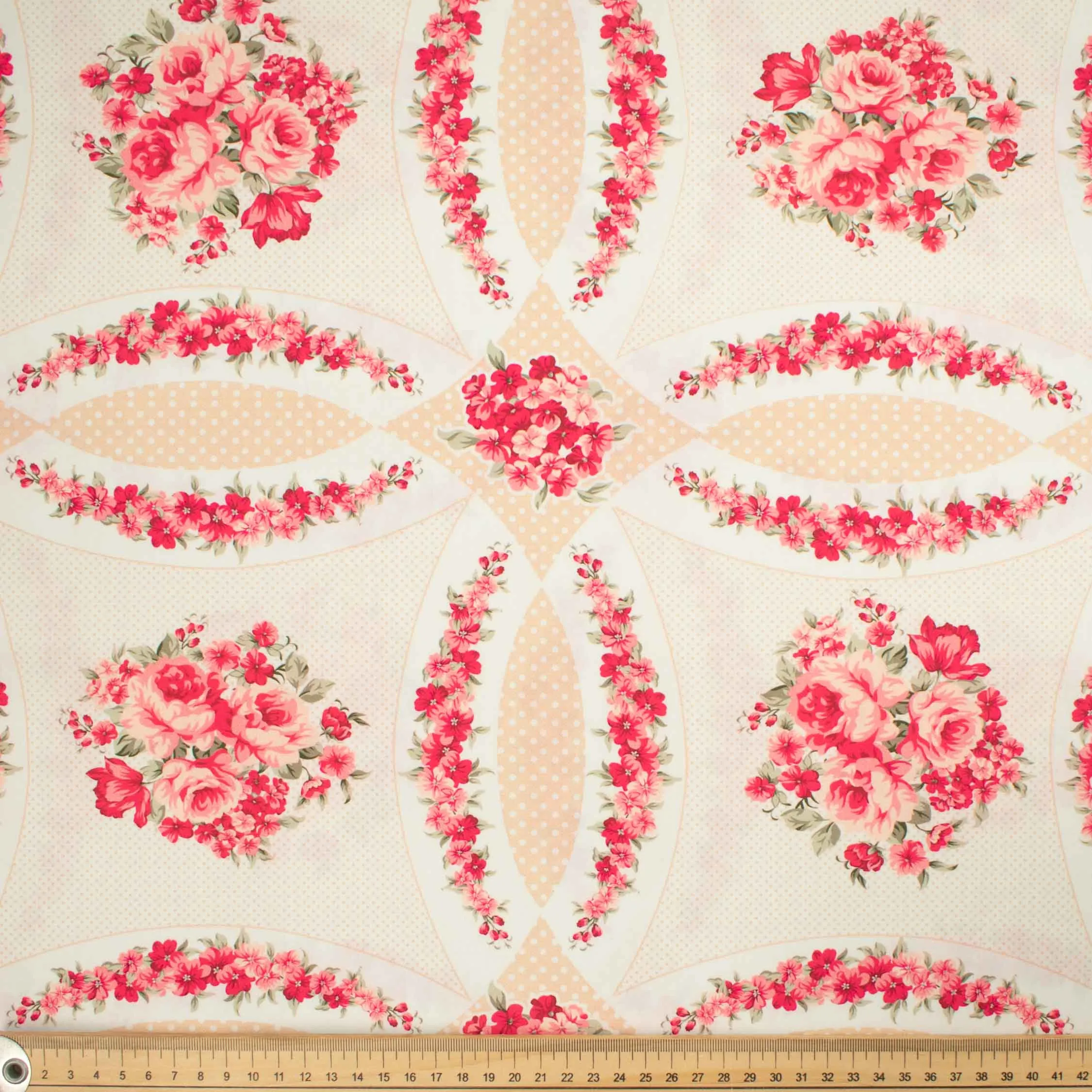 Ruby Red Collection #18 Red Rose & Geometric on Cream Cotton Prints