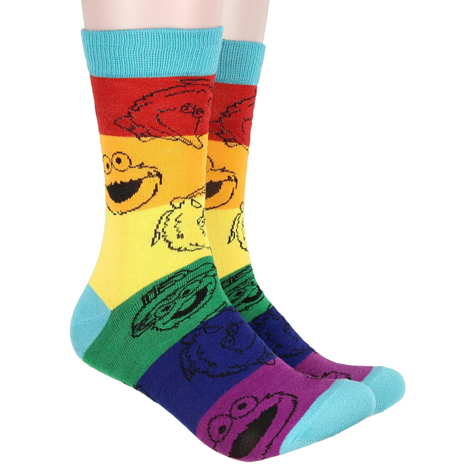 Sesame Street Adult Striped Color Character Heads Crew Socks For Men For Women