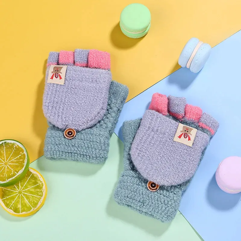 Winter Warm Children's Gloves For Kids 5-10 Years Children Mittens Knitted Boys Girls Full Finger Flip Gloves Варежки Детские